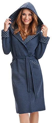 DOROTA kuscheliger und moderner Baumwoll-Bademantel mit Taschen, Bindeband & Kapuze, dunkelblau-gepunktet, Gr. M