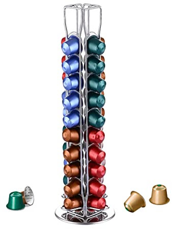 YGJT Porta Capsule Per Nespresso, Porta Cialde Per Nespresso 40 Pezzi Caffè Capsule,Portacapsule Girevoli a 360 Gradi Acciaio Inossidabile, Ufficio & Cucina 11.5x11.5x39cm (Argento Cromato)