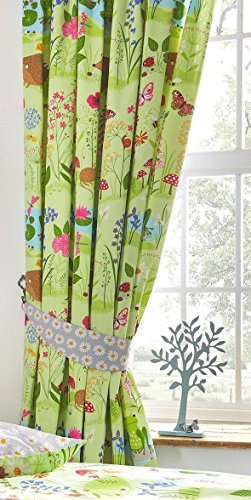 Kids Club Bluebell Woods Lined Curtains Pencil Pleat Headed, Polyester-Cotton, Green, 182 x 167 x 0.1 cm