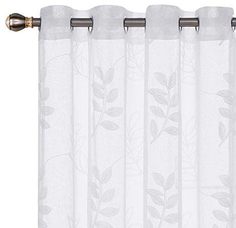 Deconovo Tende Trasparenti in Voile Ricamate per Camera da Letto con Anelli 140x260cm Bianco 2 Pannelli
