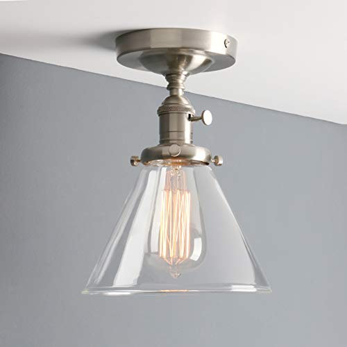Phansthy Industrial Ceiling Light Fixtures with Switch, Funnel Clear Glass Hallway Lighting Close to Ceiling E27 Base, Flush Mount Hanging Lamp Suitable for Kitchen Loft Cafe Bar (Brushed Steel)