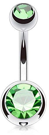 viva-adorno 1 Stück Bauchnabel Piercing Banane Titan G23 Bananabell Doppel Kristall Kugeln Zirkonia Z323, grün 1,6 x 8 x 4+6