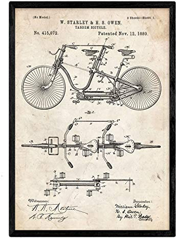 Nacnic Poster patentierte Tandem-Fahrrad. Blatt mit altem Design-Patent in der Größe A3 und Vintage-Hintergrund