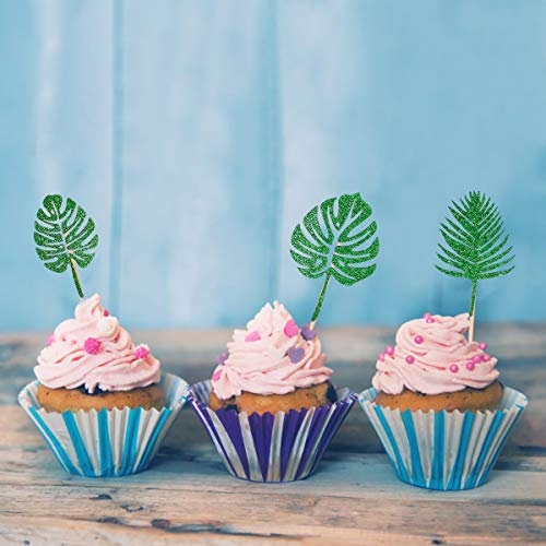 24 Stück glitzernde Palmenblätter Cupcake-Topper für tropische Party Hawaii Luau Sommer Motto Party Dekoration