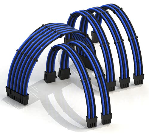 LINKUP - AVA 30cm Cable con Manguito - Prolongación de Cable para Fuente de Alimentación con Kit de Alineadores - Compatible con RTX3090| 1x24P(20+4) MB| 2x8P(4+4) CPU| 3x8P(6+2) GPU| 300mm Azul Negro