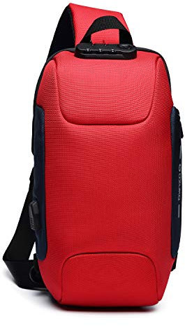 FANDARE Neu Brusttasche Diebstahlsicherung Sling Bag für 10,5 Zoll Tablet Herren Damen Schulranzen Umhängetasche mit USB-Ladeanschluss Daypacks für Schule Abenteuer Reisen Joggen Sporttasche Rot A