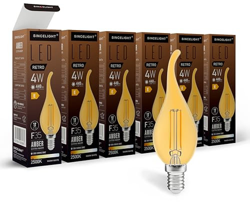 SINCELIGHT Flammenform LED-Glühbirne mit E14-Sockel, 360° Omnidirektional durch Filamenttechnik, 3W(220 Lumen)≈25W Halogen, Bernstein Warmweiß (2200K), Nicht Dimmbar, 6er-Pack