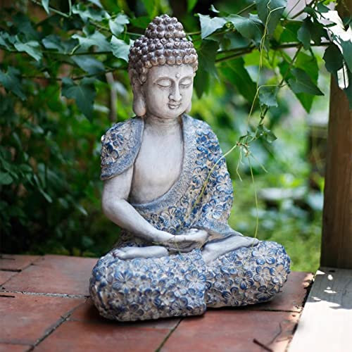 Buddha-Statue, Gartendekoration, Kunstharz, Zen, Buddha-Statue, sitzend, meditierend, mit Kunstblüte, Buddha-Figur für drinnen und draußen, Terrasse, Heimdekoration, Geschenke (L)
