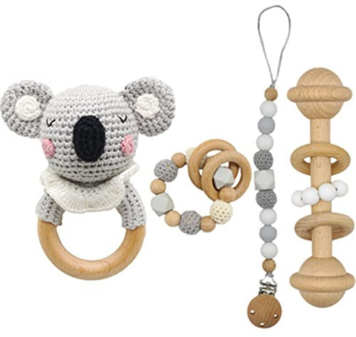 SWECOMZE Holzspielzeug Baby, Baby Rassel Spielzeug, Baby Beißring Holz Gehäkelte Greifling, Handmade Babyrassel Holzspielzeug, Geschenke zur Geburt für mädchen und Junge (Koala,#8)