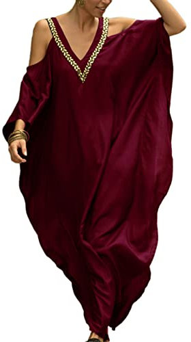 Bsubseach Robe de Plage Femme Caftan Épaule Froide Col en V Cache-Maillot de Bain Maxi Kimono Djellaba Grande Taille Kaftan Vin Rouge