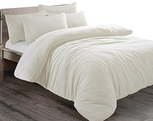 Pinkfairy® Plain Teddy Fleece Duvet Cover Quilt Bedding Set With Pillow Cases, Warm Cozy Super Soft Fluffy Luxury Design Bedset Reversible Easy Care (Double, Cream)