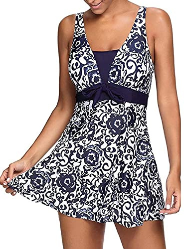 OAMEXNI Maillot de Bain Une Pièce Femme Push up Rembourré Fleur Imprimé avec Jupette Tankinis Grande Taille Beachwear Bikini Robe de Plage