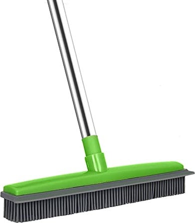 Gummibesen Indoor mit 50 Zoll langem Griff & Rakelkante, Kehrbürste Kunstrasen Rechen Gartenbesen Outdoor für Haustier Katze Hund Haar Teppich (Edelstahl dreiteiliger Griff)