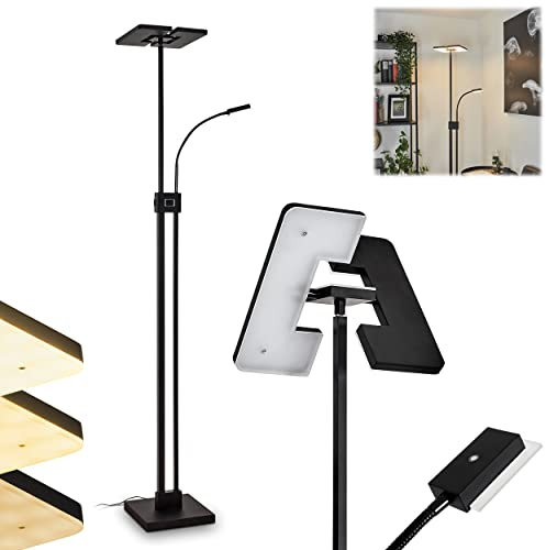 LED Stehleuchte Janze, dimmbare Stehlampe aus Metall/Kunststoff in Schwarz/Weiß, Bodenlampe m. An-/Ausschalter am Gehäuse, Tastdimmer u. verstellb. Lesearm, 26+3 Watt, 3500 Lumen (insg.), 3000 Kelvin
