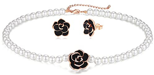 Aleasha White Pearl Necklace Black Rose Earrings Set Women Flower Shell Pearls Jewellery Costume Gold
