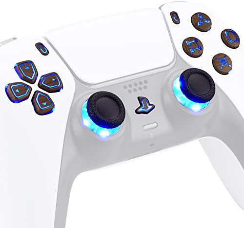 eXtremeRate 9 Modi 7 Farben DTF V3 LED Kit für ps5 Controller Ersatz Leuchttaste D-Pad Thumbsticks SHARE-/PS-Taste Richtungstasten LED Knöpfe Zubehör für ps5 BDM-010&020-Klassik Symboltaste-Holz Optik