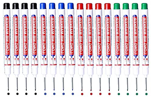 BetterJonny 16Pcs Deep Hole Marker Pens, 20mm Long Head Deep Hole Marker Carpenters Pen,Hole Marker Tool for Architect Carpenter Permanent Marking of Hard to Reach Areas 4 Color(Black Blue Red Green)
