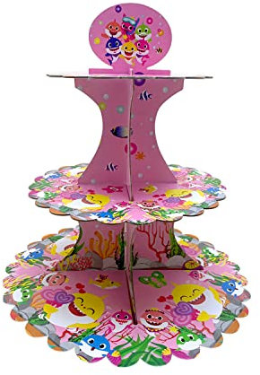 Cardboard Cupcake Stand – 3 Tier Dessert Display for Muffins, Pastries, and Treats – Lightweight & Reusable, Baby Shark