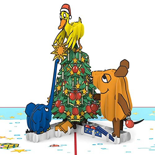 papercrush® x Die Maus Pop-Up Karte Weihnachten Weihnachtsbaum – Lustige 3D Weihnachtskarte mit Maus, Elefant & Ente für Kinder – Handgemachte Weihnachtsgrußkarte als Geldgeschenk für Jungen & Mädchen