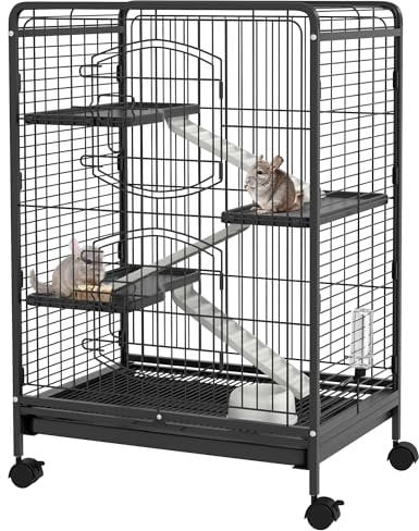 PawHut Jaula para Animales Pequeños Jaula para Roedores con Ruedas Rampa Cuenco Botella de Agua y Bandeja Extraíble Recinto para Conejos Chinchillas Hurones 61,5x44x95 cm Negro