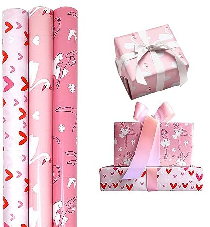 Ainmto 3 Rollen Geschenkpapier Rosa mit Ballett-, Schwan- und Herzmotiv,Geschenkpapier Geburtstag Mädchen,Packpapier für Frauen Geburtstag(43 x 300 cm pro Rolle)