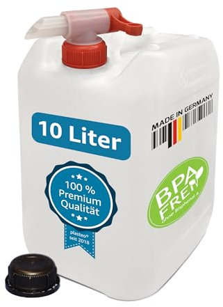 plasteo® Bidon d'eau naturel de 10 litres avec robinet et couvercle à visser (DIN 45) | Sans BPA | Convient à un usage alimentaire | Portable | Intérieur et extérieur | Fabriqué en Allemagne