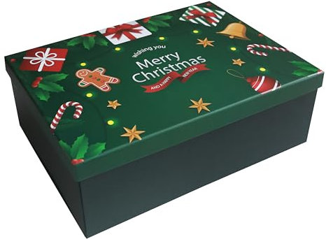 1 x Grüne Weihnachts-Geschenkboxen mit Deckel, 270 x 210 x 105 mm, große, leere Geschenkboxen für Geschenke, luxuriöse, stabile faltbare Pappschachtel für Geschenke, Weihnachtsfeier Favor Supplies