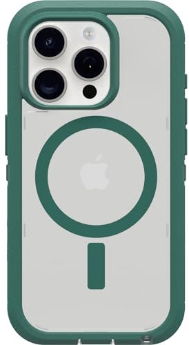 OtterBox iPhone 15 Pro (Only) Defender Series XT Clear Case - VELVET EVERGREEN (Clear), screenless, rugged, snaps to MagSafe, lanyard attachment