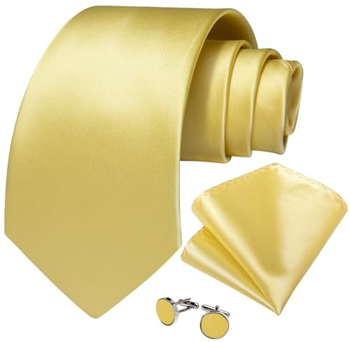 DiBanGu Herren-Krawatten-Set, einfarbig, Krawatte und Einstecktuch, Manschettenknöpfe, formelle Hochzeit, Business, Hellgelb 8317, Einheitsgröße