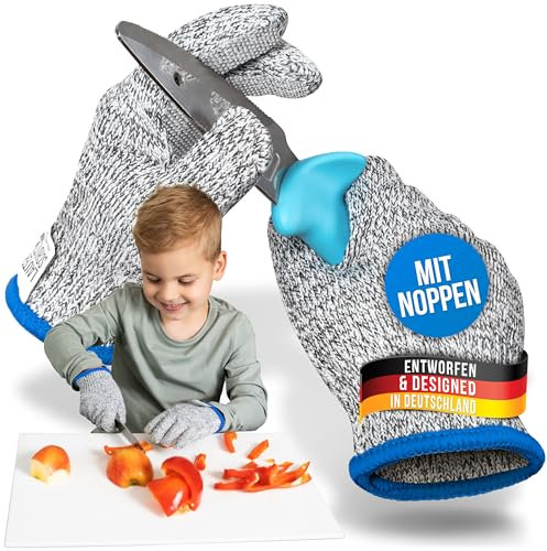 LauterSchutz® 1 Paar PREMIUM Schnittschutz Handschuhe mit NOPPEN - Kinder & Erwachsenen Größen - Kreuzfaser-PE-Stoff - hoher Komfort & dehnbares Material - SCHNITTSCHUTZ KLASSE C (Größe 2XS, Noppen)