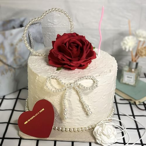 Red Rose Cake Toppers, Pearl Bow and Heart-Shaped Cake Toppers, Romantic Cake Decoration Set, Suitable for Birthdays，Anniversaries, Weddings,Etc