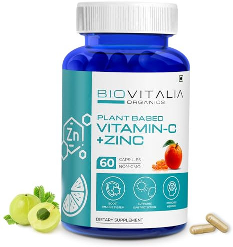 Biovitalia Plant Based Vitamin C + Zinc Capsules for Men & Women |Promote Immunity|Enriched with Antioxidant |Support for Overall Health and Wellness - 60 Veg Capsules