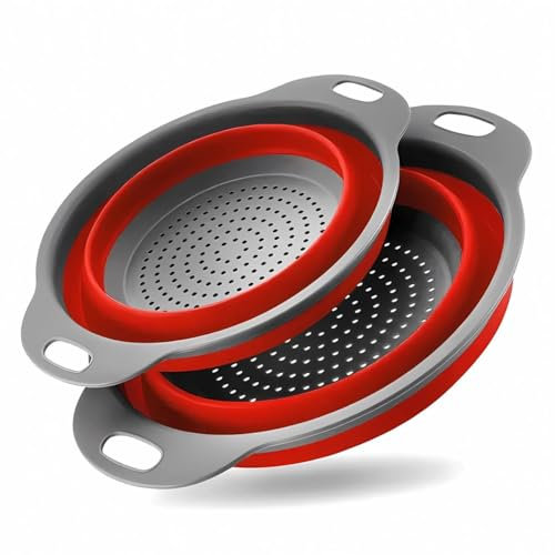 Faltbarer Seiher Sieb, Küche Silikon Klappbar Abtropfsieb Nudelsieb Set, Küchensieb Abwaschschüssel von Nudeln, Obst, Gemüse, 2 Größe (24.5+29.2cm) (Rot)