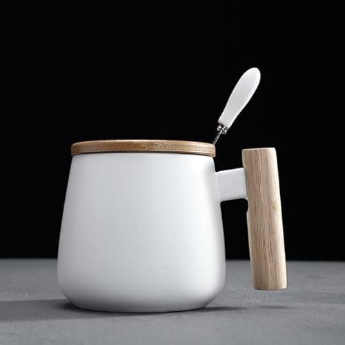 Keramiktassen im nordischen Stil mit Holzgriff, große Kapazitätstasse mit Löffeldeckel, Tasse, Kaffee, Teetasse (Color : White With Spoon Lid)