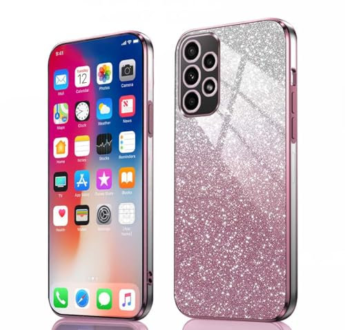 PEIYE Hülle für Samsung Galaxy A52 / A52s - Stoßfeste Silikon Handyhülle, Glitzernde Schutzhülle mit Elektroplattierten Rändern und Integrierter Glitzerkarte mit Glitzer, Cover Case, Verlauf Rosa