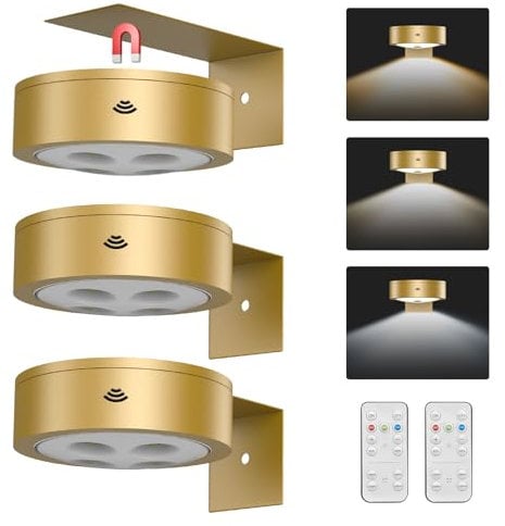 EUIOKUN 3Pack Wireless Picture Light,Battery Operated Painting Light with Remote,Magnetic Timer Display Art Light for Wall,Dimmable Picture Frame Light for Frame Artwork,Wall Decor Puck Light-Gold