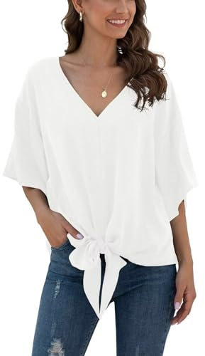 Anelune Bluse Damen Sommer Chiffon Tunika Tops Kurzarm Elegant Oberteile V-Ausschnitt Loose Casual Tie Front Trompetenärmel T Shirts S-2XL Weiß XL