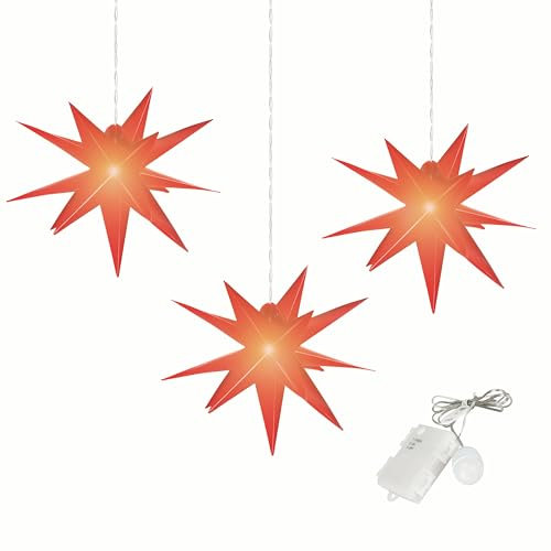 OVILUM Leuchtstern 3D mit LED Beleuchtung | 3er Set | rot | Ø 27 cm| 3D Stern mit 15 Spitzen | wetterfest | Garten Deko, Wohnzimmer, Weihnachtsdeko | Weihnachtsstern | mit Timer | batteriebetrieben