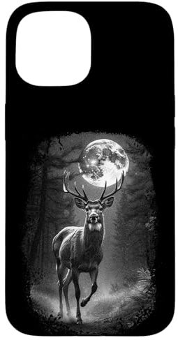 Cerf dans la forêt sombre la nuit et la pleine lune Elan Coque pour iPhone 15