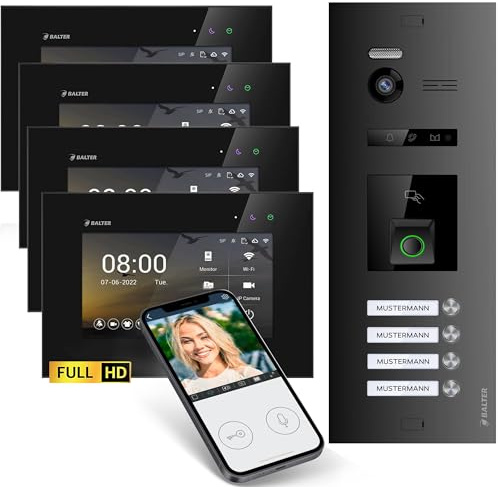 Balter EVO-HD Video Türsprechanlage mit Fingerprint, Video Türklingel, Smartphone App, 4 Familienhaus, 4X 7 Zoll Monitore, Türklingel mit Kamera Full HD, 2 Draht Bus, 175° Weitwinkel, RFID,1080P