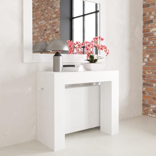 VE.CA.s.r.l. - Table Console Extensible Kilka - Avec Porte-Rallonges - Dimensions Console Fermée : 90x40x77 - Capacité : Jusqu'à 14 Personnes - Extensible jusqu'à 300 cm - Couleur : Blanc Frêne
