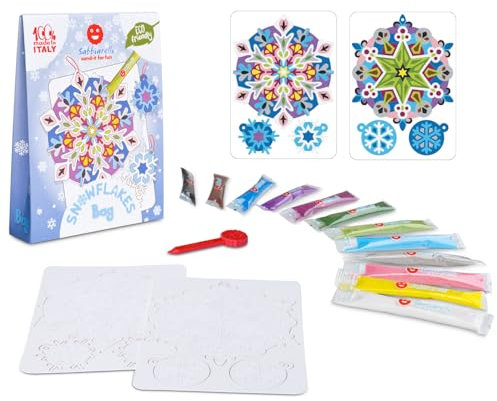 Sabbiarelli Sand-it For Fun - Bag Snowflakes Schneeflocken - Mini Kreativ Bastelset: Färben mit Sand Schneeflocken-Dekoration, 12 Farben, Kindergeschenk ab 8 Jahren