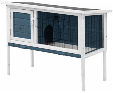 Vente-unique-Clapier en Bois sur Pieds pour Lapins et rongeurs - L. 91 x P. 45 x H. 70 cm - Bleu et Blanc - LAPIUS