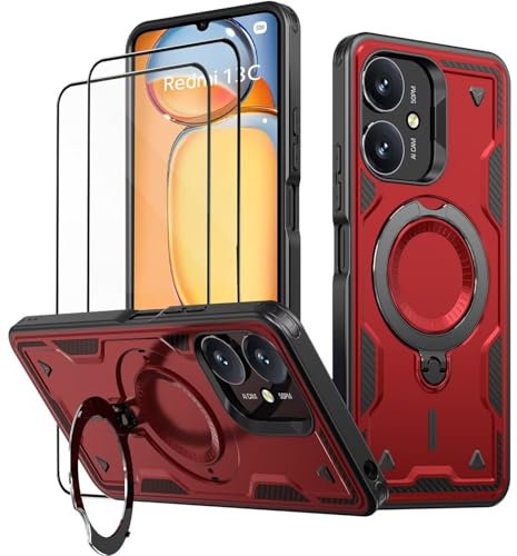 KANSi Cover per Xiaomi Redmi 13C / Poco C65 con Vetro Temperato*2, Custodia Protettiva per Smartphone con Anello Rotante - Antiurto Bumper Rosso