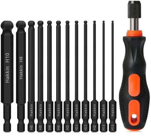Hakkin Ball End Allen Key Bit Set Allen Wrench Hex Key Bits S2 Steel 100mm Magnetic Hex Bit Set with Bit Driver for Furniture Assembly H1.5-H10