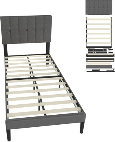 UISEBRT Polsterbett 90 x 200 cm – Bettrahmen mit Knöpfen, Plattformbettgestell mit gepolstertem Kopfteil aus Leinen, Holzlattenstütze, Doppelbett für Erwachsene, Modernes Design (Dunkelgrau)