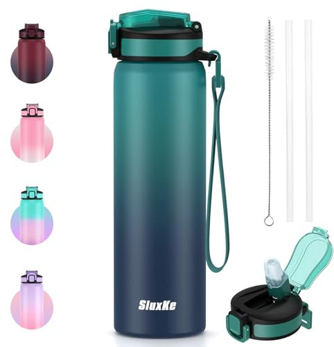 SLUXKE Gourde isotherme avec couvercle à paille, 700 ml, en acier inoxydable, double paroi en métal, anti-fuite, pour le sport, les voyages, la salle de sport