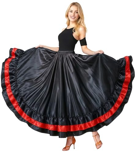 Baisdan Jupe Danse Orientale en Satin pour Femme, Jupe Flamenco Multicouches avec Volants, Idéale pour Danse du Ventre et Spectacles Orientale Noir