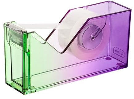 Idena 11362 - Dérouleur de ruban adhésif avec lame métallique, 1 rouleau de ruban adhésif inclus, dérouleur violet-vert, dimensions env. 12,6 x 3,6 x 6,2 cm, adapté pour l'école et le bureau