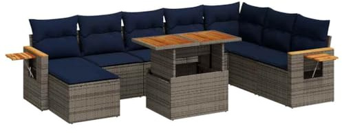 vidaXL 10 Piece Garden Sofa Set with Cushions Grey Poly Rattan Acacia, outdoor sofa set, garden lounge set